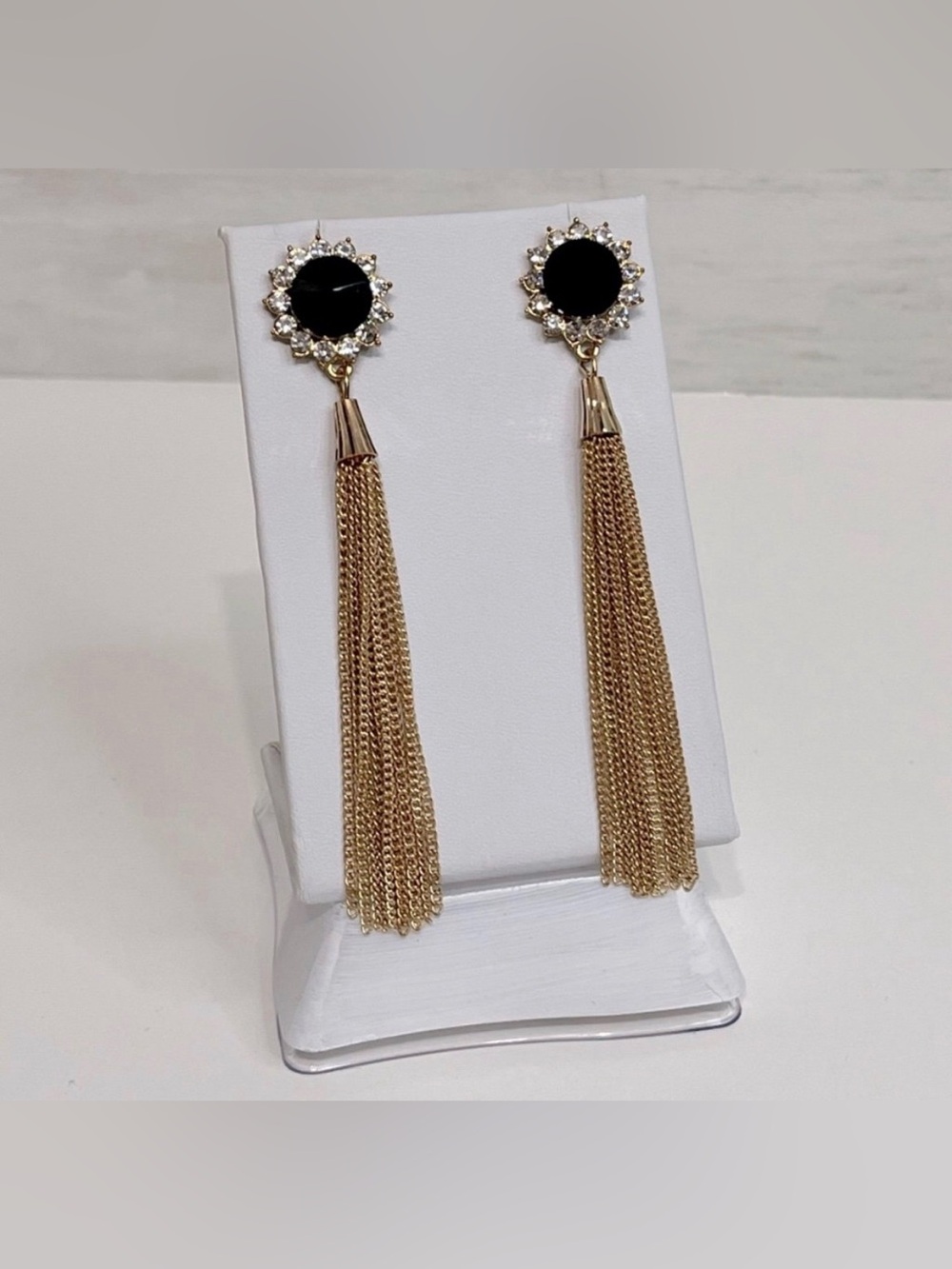 NEW Onyx Gem Gold Tassel Drop Earrings